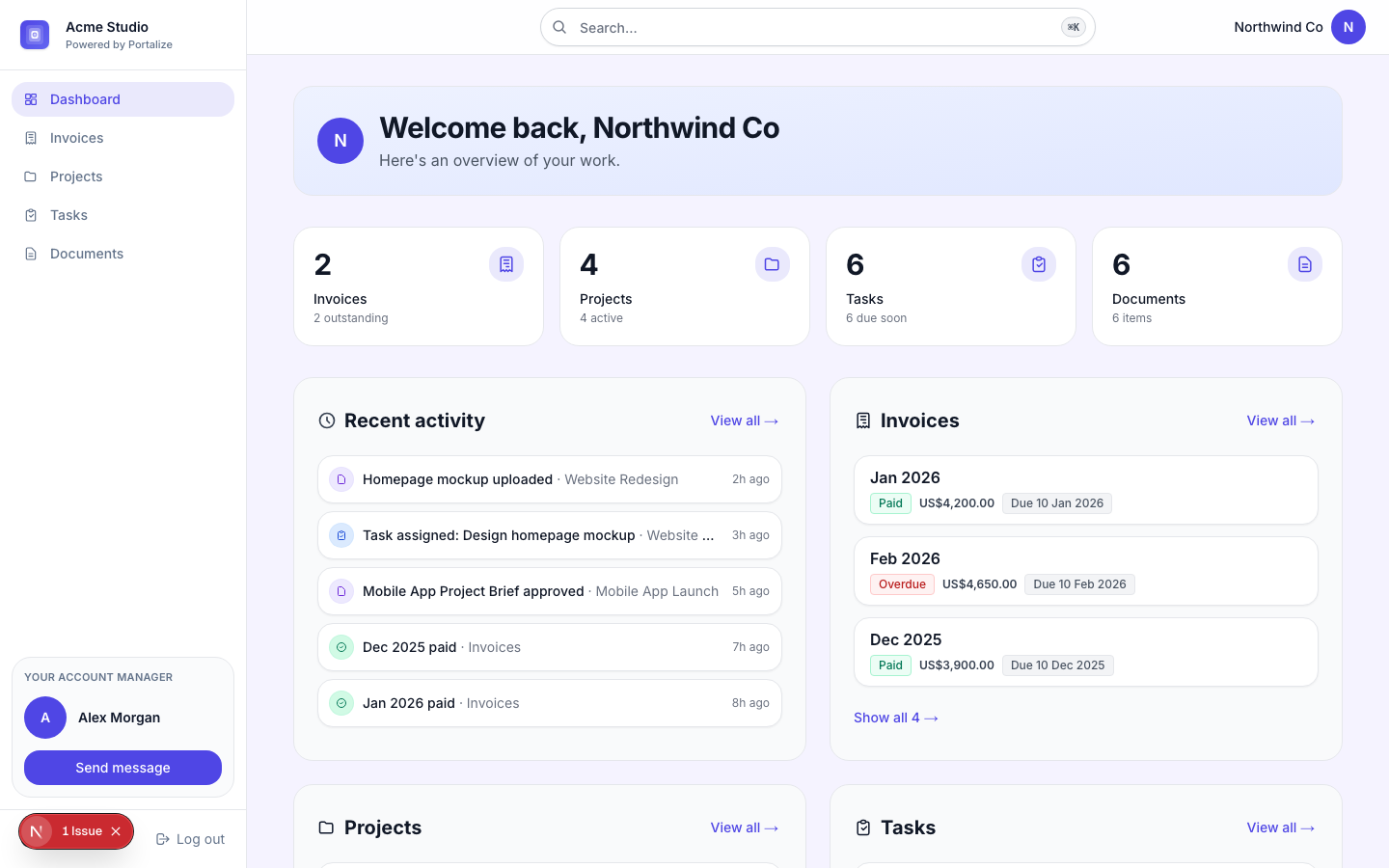 Branded client portal dashboard with search, welcome banner, metrics, recent activity, and invoices