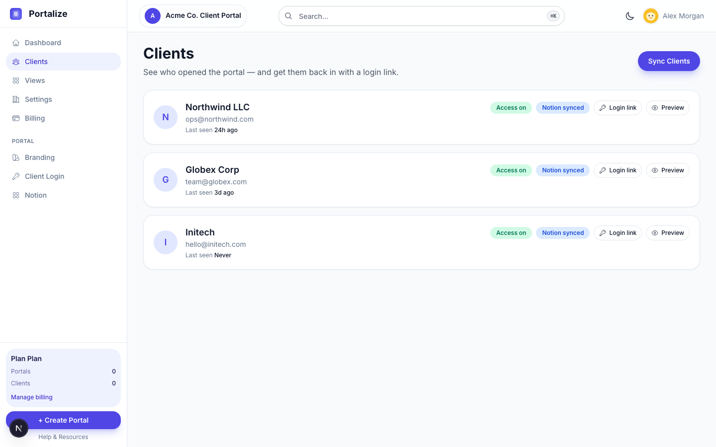 Clients page showing Last seen timestamps and Login link actions for each client