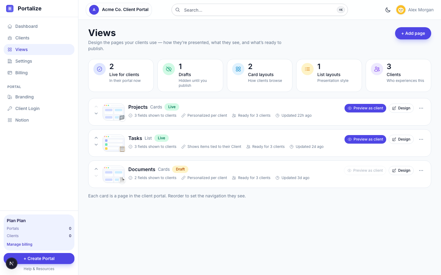 Portalize Views page showing Live and Draft client pages with layout thumbnails and Preview as client actions