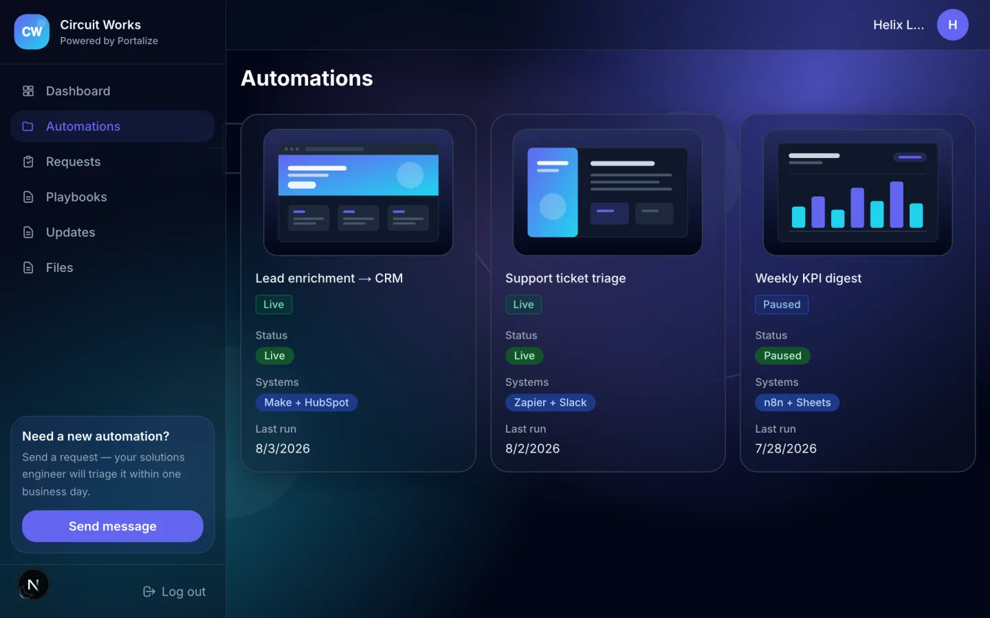 AI Automation Agency Portal with automations, requests, and playbooks for Circuit Works