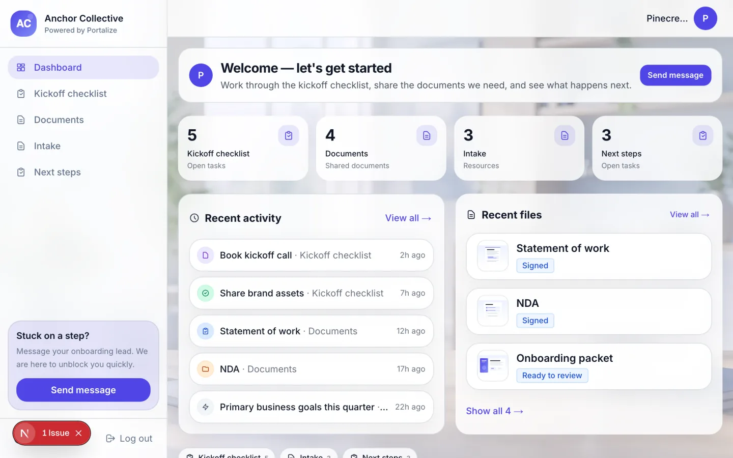 Client Onboarding Portal with kickoff checklist and documents for Anchor Collective