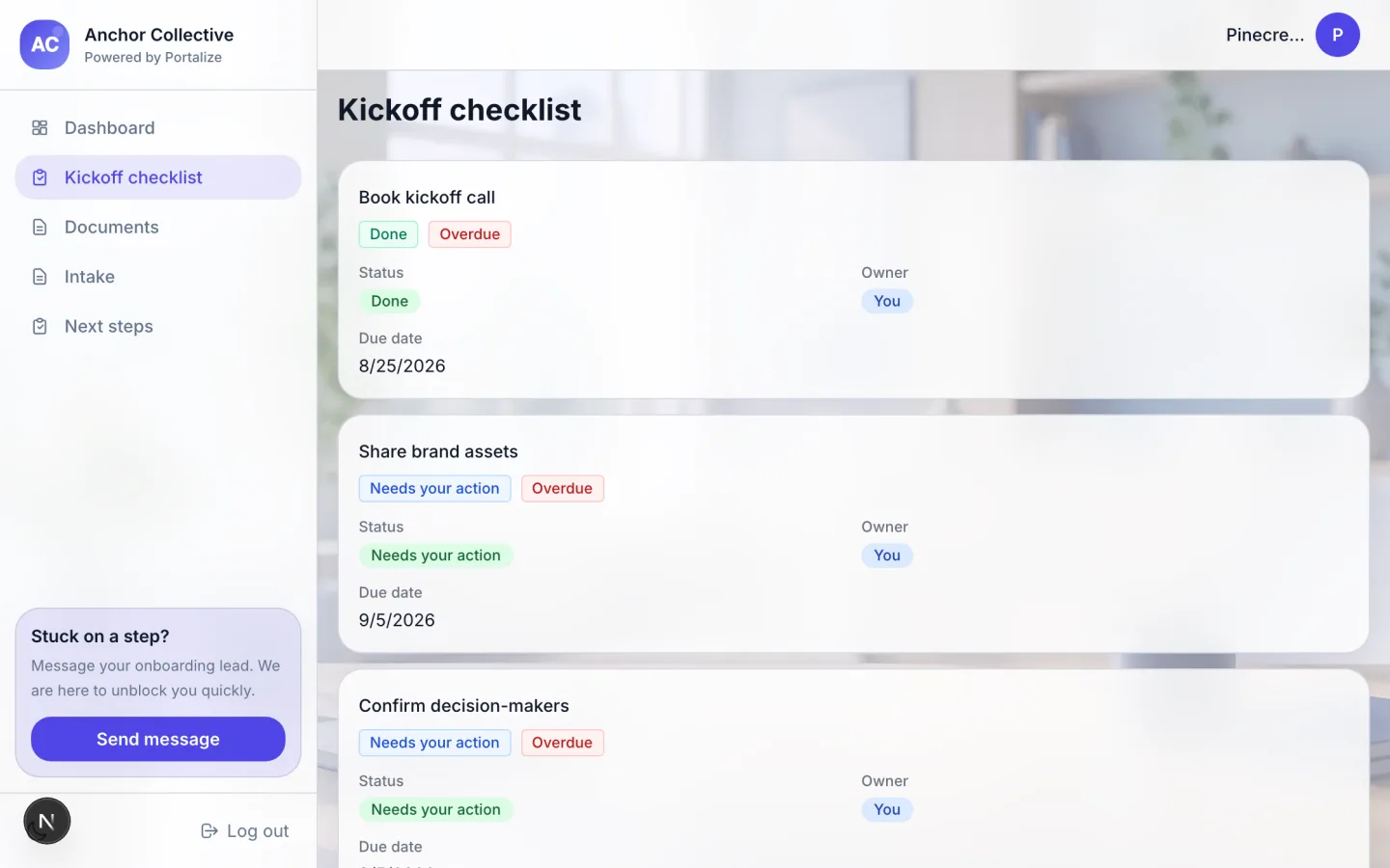 Kickoff checklist page from the Client Onboarding Portal template