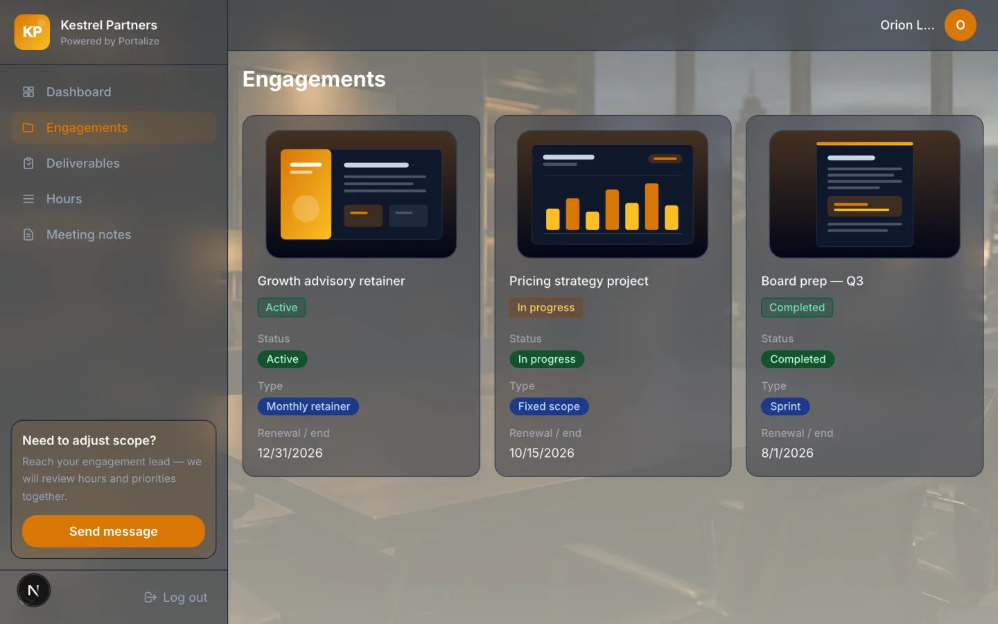 Consulting & Retainer Portal with engagements, deliverables, and hours for Kestrel Partners