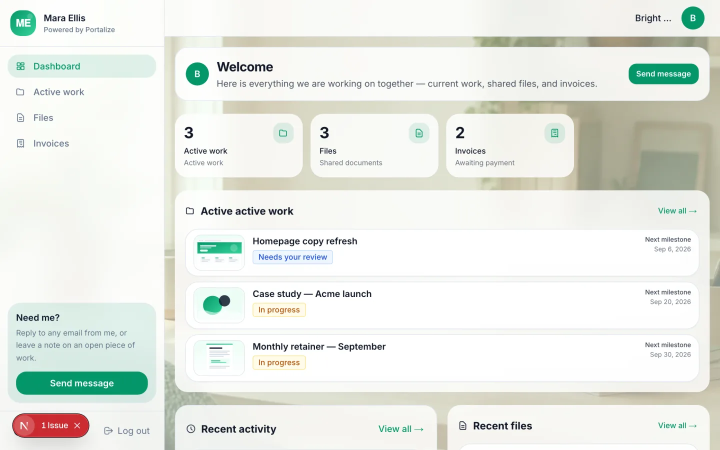 Freelancer Client Portal showing active work, files, and invoices for Mara Ellis
