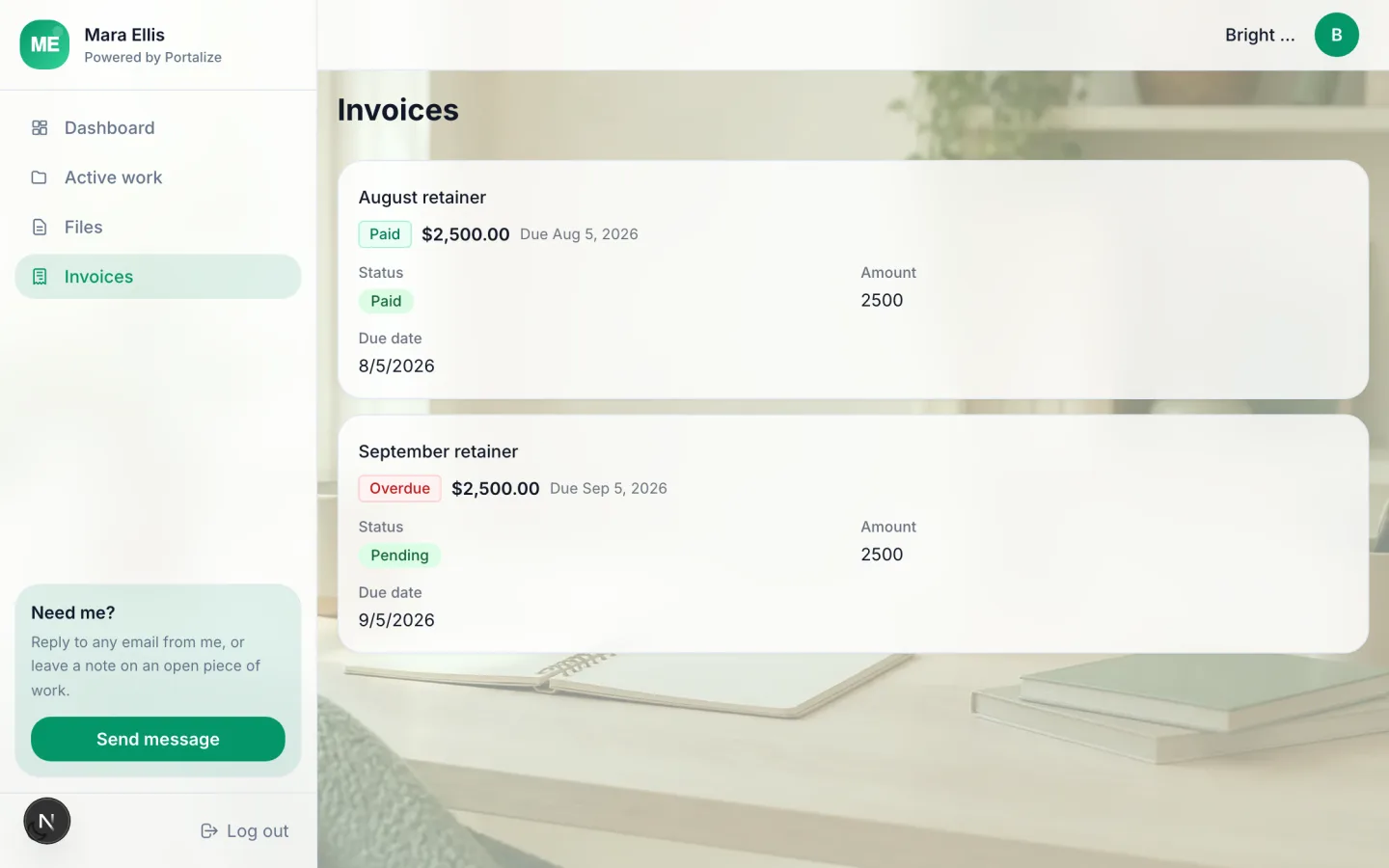 Invoices page from the Freelancer Client Portal template