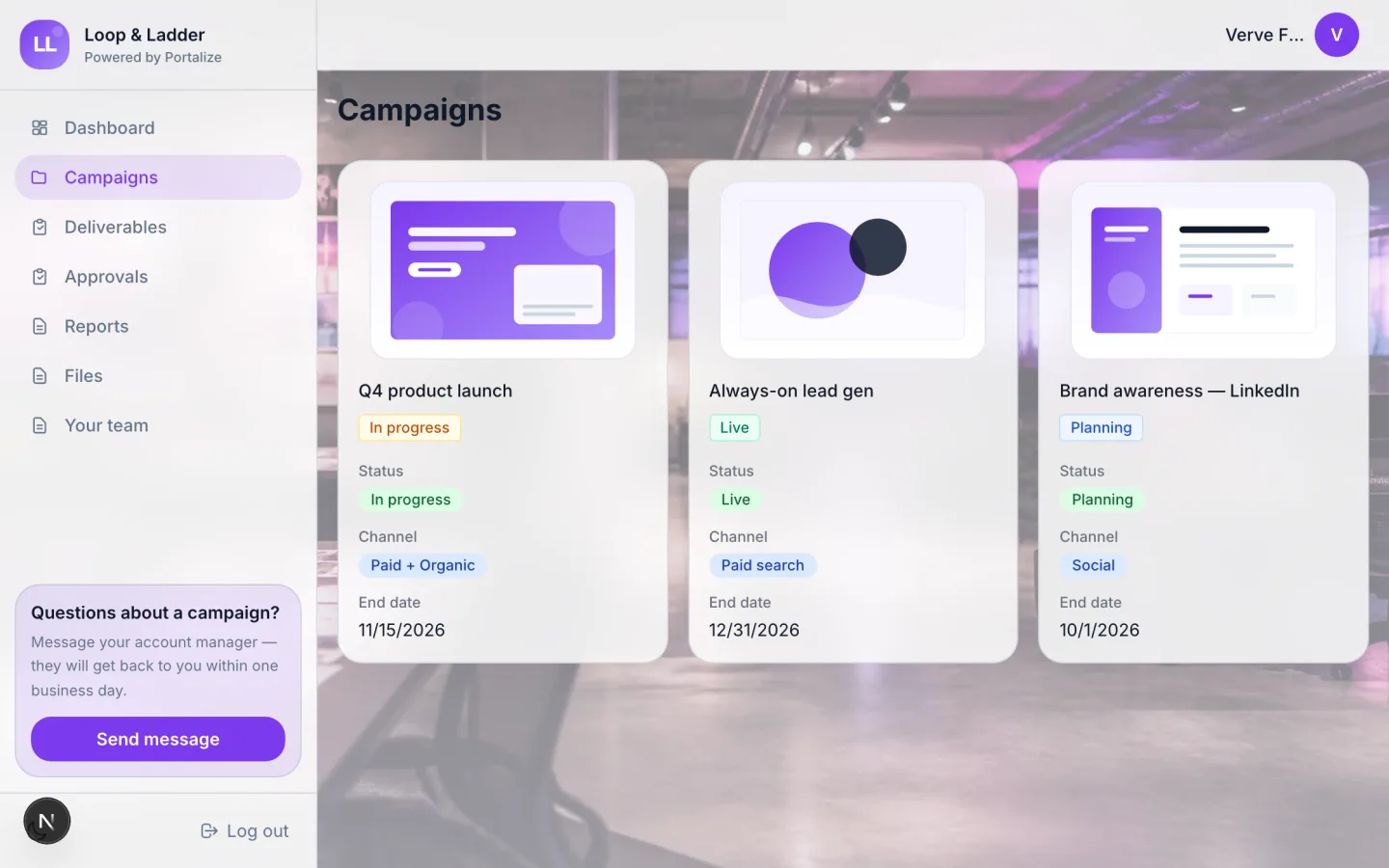 Campaigns section of the marketing agency portal showing active campaign cards