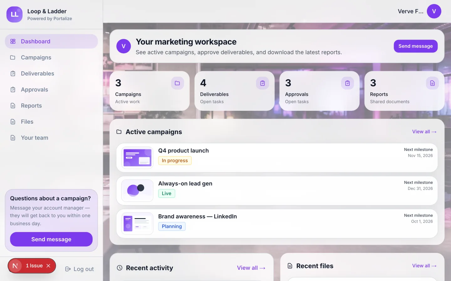 Marketing agency portal dashboard with welcome banner, campaign metrics, and recent activity