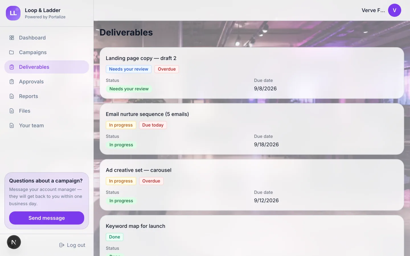 Deliverables section with visual cards for creative assets awaiting review