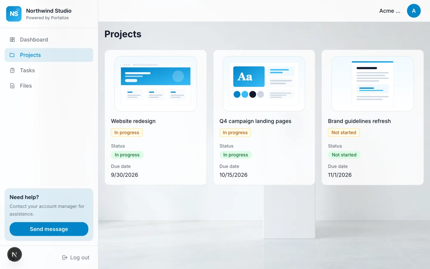 Minimal Client Portal with projects, tasks, and files for Northwind Studio