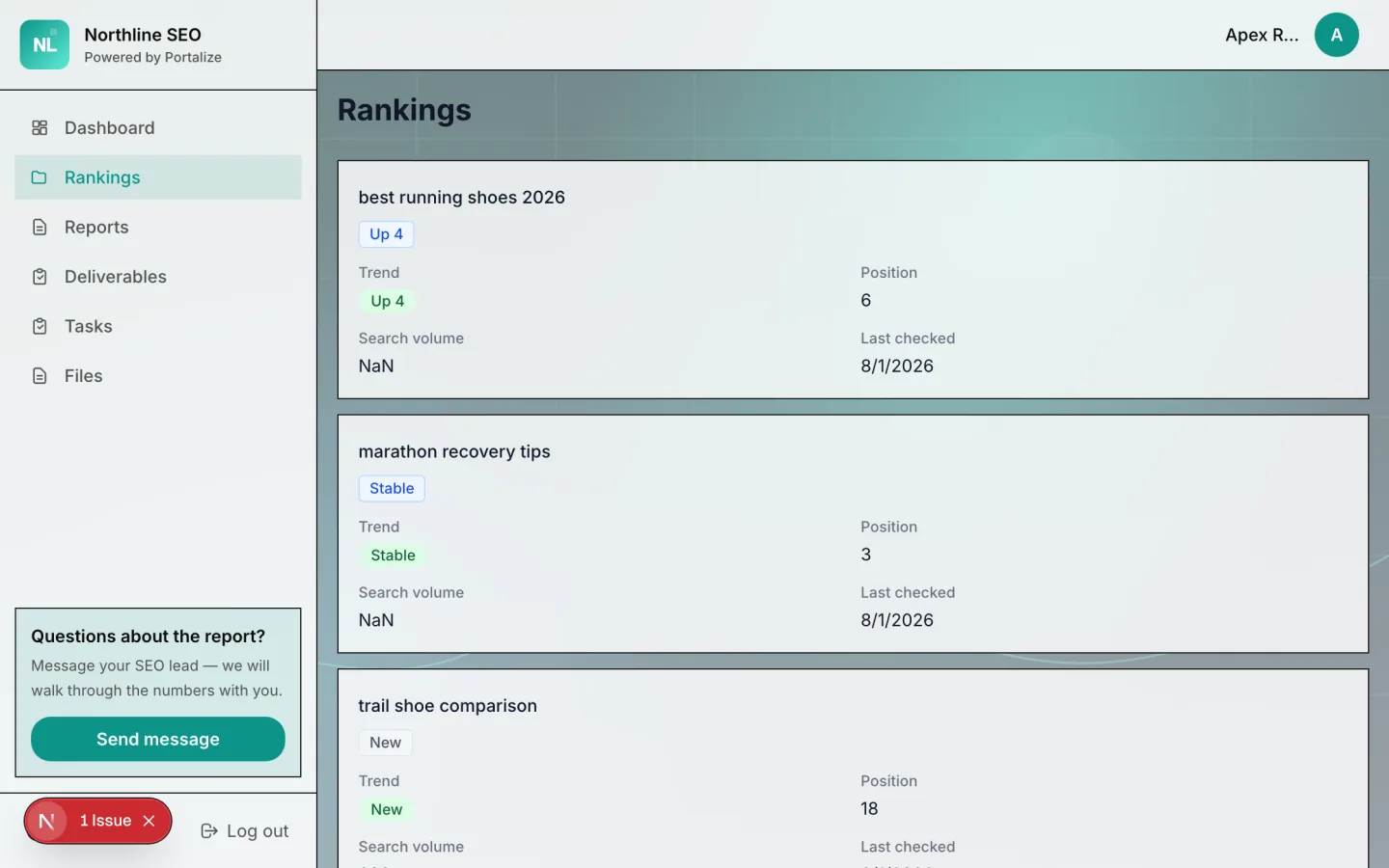 SEO Reporting Portal template with rankings and monthly reports for Northline SEO