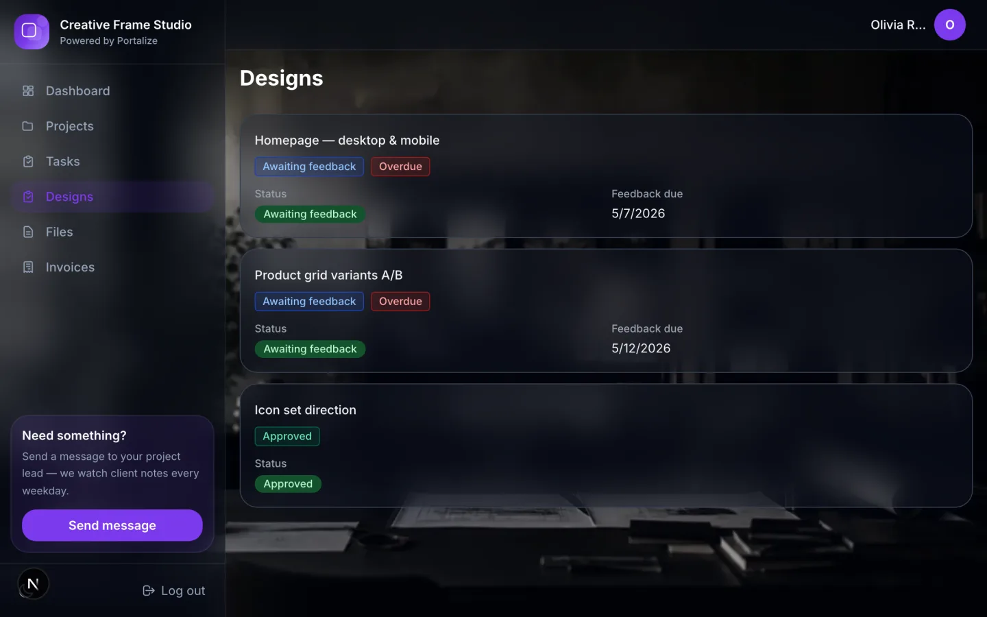 Designs section showing visual design deliverable cards