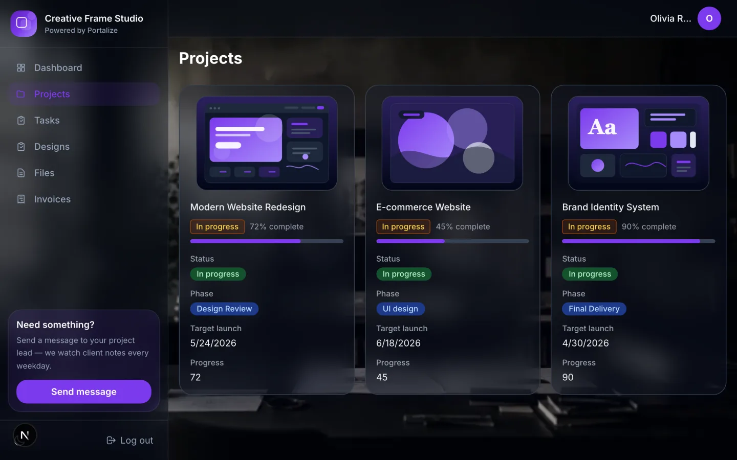 Projects section of the web design studio portal
